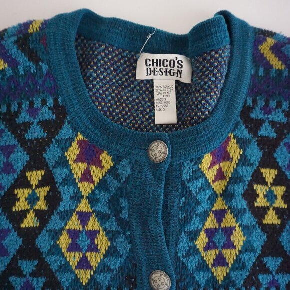 Vintage Chico's Blue Purple Knit Aztec 22% Cotton Button Up Cardigan Sweater XL - Picture 9 of 9